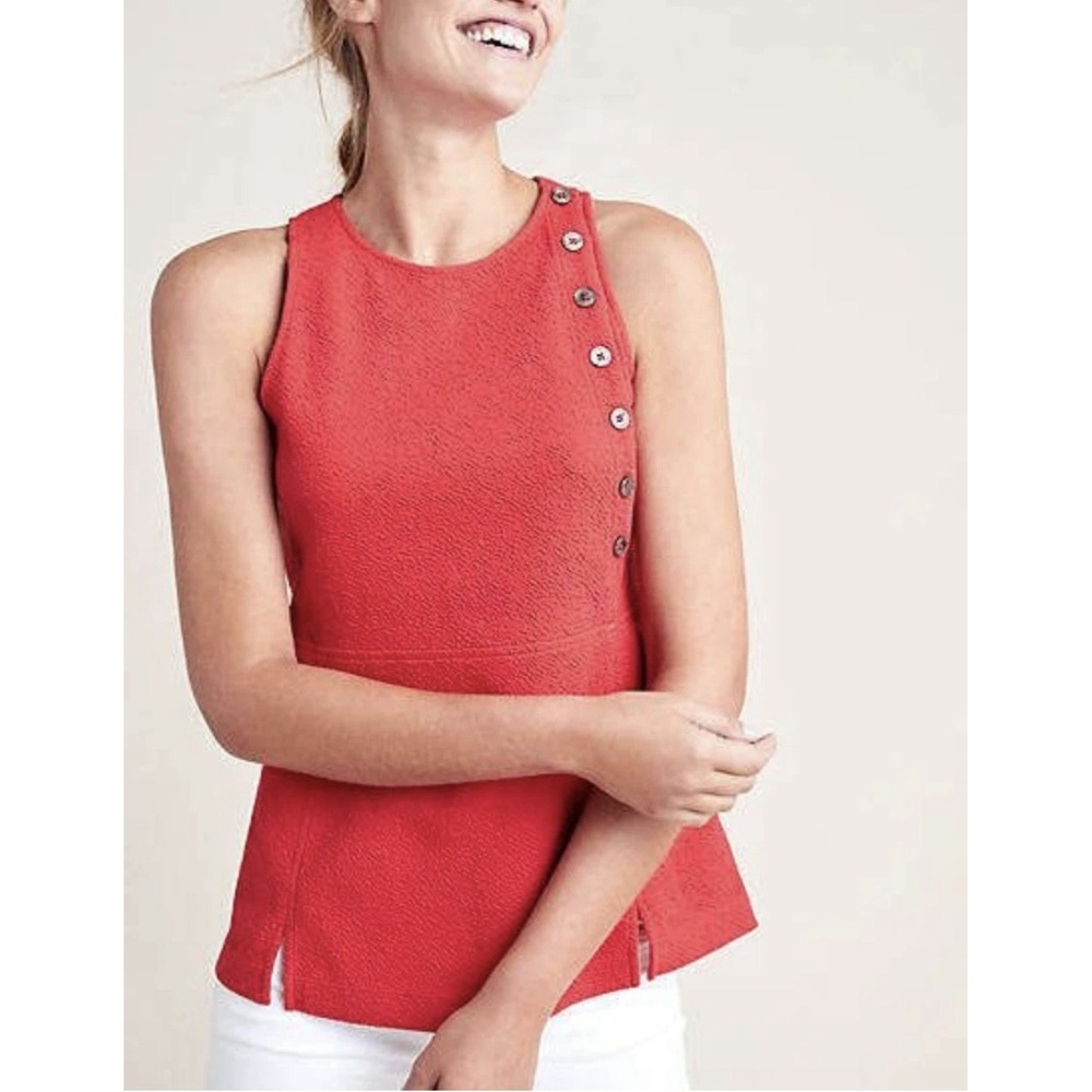 Maeve Brenner Peplum Sleeveless Tank‎ Top XL Red Textured Anthropologie Button